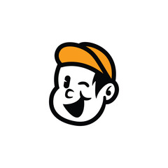 Cute cartoon boy face with orange cap and friendly smile. Simple vector mascot logo for kids brand, food packaging, streetwear, or fun branding. Editable EPS design