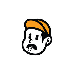 Cute cartoon boy face with orange cap and friendly smile. Simple vector mascot logo for kids brand, food packaging, streetwear, or fun branding. Editable EPS design