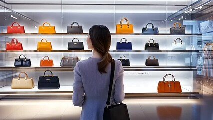Woman admiring designer handbags in a modern boutique with stylish display and bright lighting
