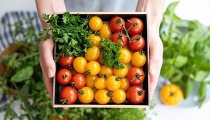 Vibrant cherry tomatoes and fresh herbs in a wooden box, showcasing organic produce in a natural garden environment.