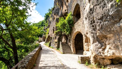 Ancient cave dwellings nestled in a hillside.  Sunny pathway winds through