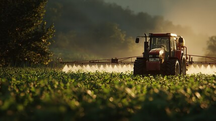 Fototapeta premium Tractor Spraying Young Corn with Pesticides in Farmland.