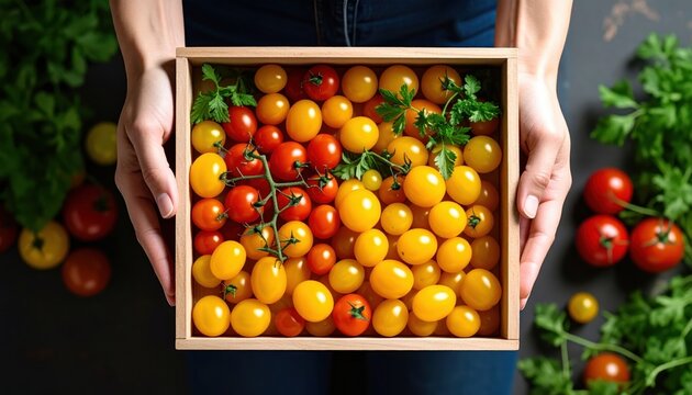 A vibrant assortment of red and yellow cherry tomatoes in a wooden box, surrounded by fresh herbs on a rustic surface.
