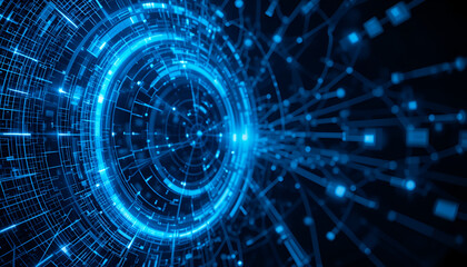 Futuristic digital technology abstract with glowing blue light and network connections
