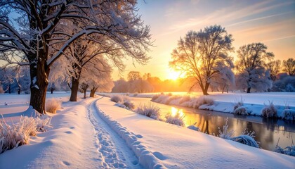A tranquil winter scene featuring snow-laden trees and a river at sunrise, capturing the serene beauty of nature.