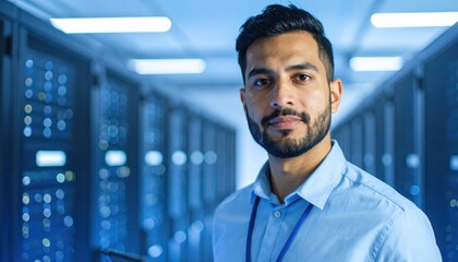 A focused IT professional stands in a data center, showcasing modern technology and expertise in network management.