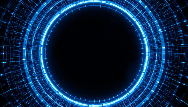 Futuristic glowing blue digital technology circle with data connection and modern design - Powered by Adobe