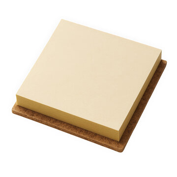 A neatly stacked block of blank yellow sticky notes on a brown wooden base, perfect for jotting down reminders and notes.