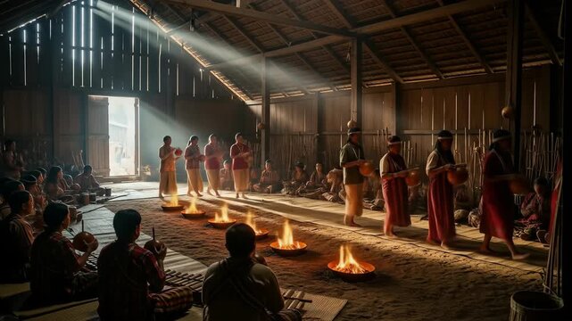 Indigenous Community Performing Traditional Ceremony in Sunlit Longhouse with Sacred Fires