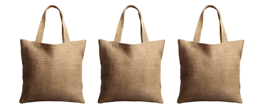 Three Textured Tote Bags Displayed on a Transparent Background Suitable for Product Promotion