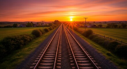 Obraz premium Railway Journey at Sunset: A Path Towards the Horizon of Hope and Dream