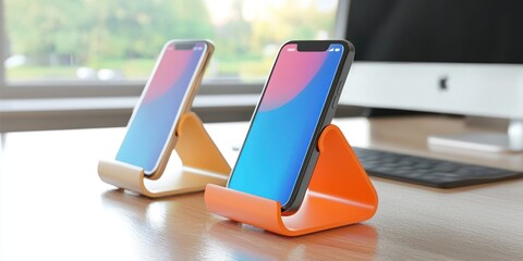 3D render of couple stylized phone stands for desk