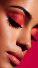 Fototapeta premium young woman model eye makeup false lashes fuchsia red pink sorbet bright background lips lipstick gloss mascara cosmetics brand marketing social media post format vertical mobile