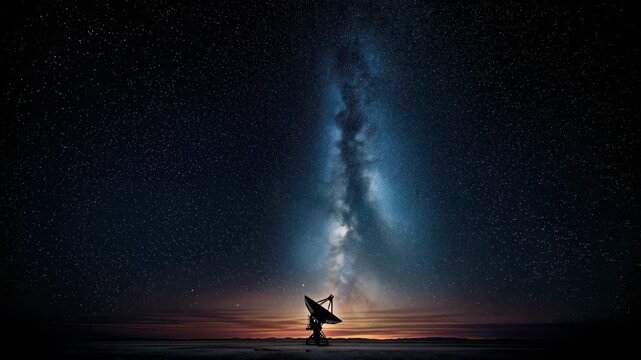 A radio telescope in a data bank wide field with stars and comets overhead at night with Milky Way galaxy is visible on the horizon. 