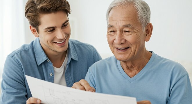 Two men, young and old, reviewing a document together with smiles. A moment of shared knowledge and enjoyment in a bright setting. - Powered by Adobe