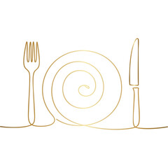 Elegant Golden Place Setting Continuous Line Vector Art on Transparent Background