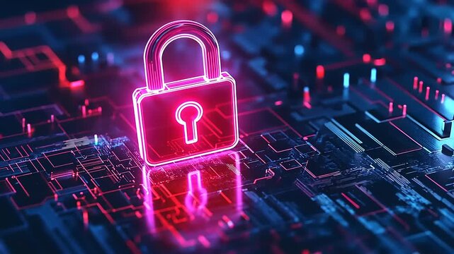 Neon padlock symbolizing digital security in a vibrant, futuristic technology landscape - Powered by Adobe