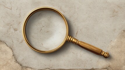 Magnifying glass with gold frame and wooden handle on aged, textured paper background