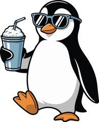 penguin wearing sunglasses, holding a drink. Transparent png vector 