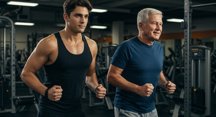 Two men of different generations work out together in a gym, their fists clenched as they exercise for health and fitness.