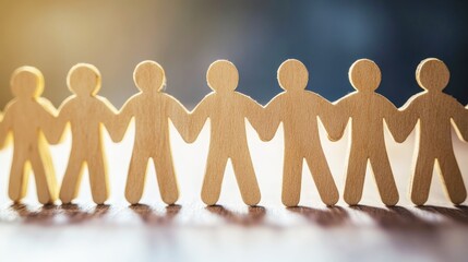 Diverse Group of Wooden Figurines Holding Hands in a Unity Concept with Soft Light Background for a Teamwork and Collaboration Theme