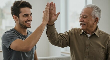 A young man and an older man, possibly father and son or grandson, joyfully high-fiving indoors with bright window light creating a bonding moment.