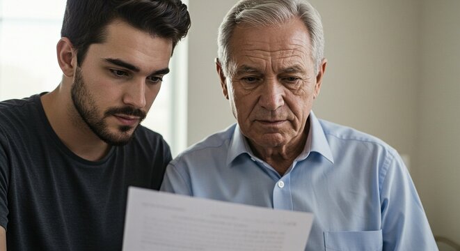 A young man and a senior man intently read a document, collaborating on understanding its contents, in a moment of intergenerational exchange.