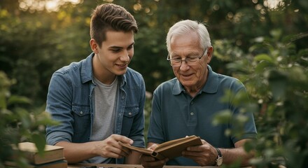 A young man and a senior man sitting in a garden looking together at a book and smiling on a sunny day in the summer.