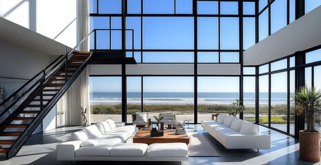 Obraz premium Modern living room with ocean view, featuring large windows, white sofas, and a staircase.