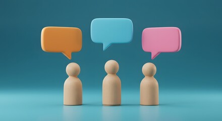 ideas, collaborative discussions. Three wooden figures stand beneath vibrant speech bubbles a blue backdrop, 3D render of three wooden figures standing in front of a blue wall, communication