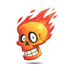 A fiery skull grins playfully, engulfed in vibrant flames against a stark white backdrop. Its cheerful expression contrasts with its burning form.