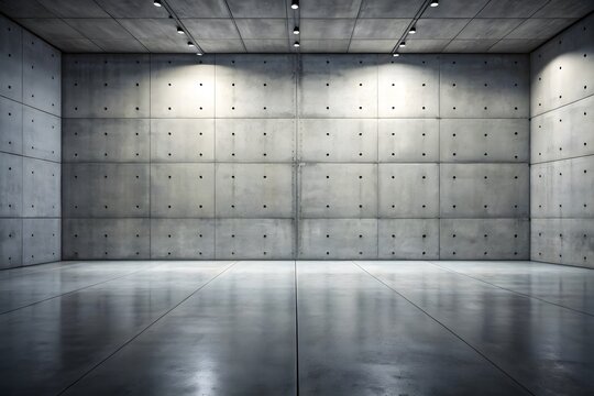 Modern minimalist concrete exhibition space with dramatic overhead lighting and polished floor