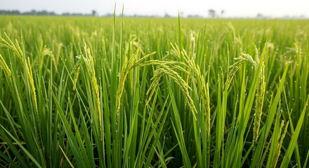 Obraz premium Lush green rice field swaying gently in the breeze, symbolizing growth and prosperity for