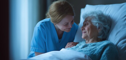 A nurse tenderly cares for an elderly woman resting in bed, showcasing compassion and support in a healthcare setting at night.