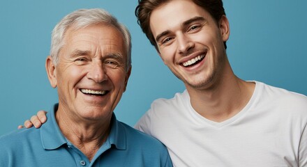 Two Smiling Men: A moment captured with an older man in a polo shirt and a younger man in a t-shirt, radiating joy on a light blue backdrop.