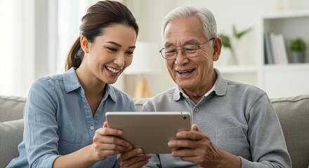 Smiling daughter showing senior father something on tablet at home. Bonding together and family support. Lifestyle and technology.