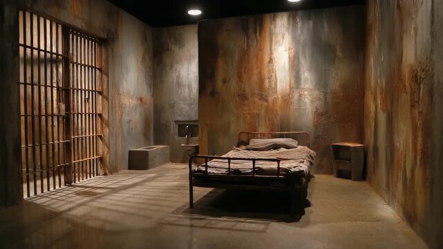 The interior of a desolate prison cell with rusty metal bars and concrete walls