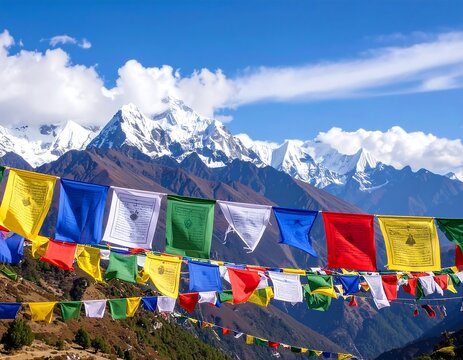 Colorful prayer flags flutter against a backdrop of snow-capped Himalayan peaks