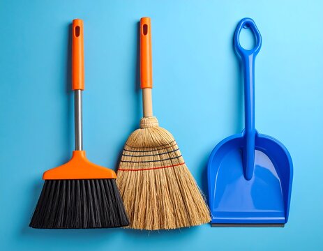 Three cleaning tools on a vibrant blue background