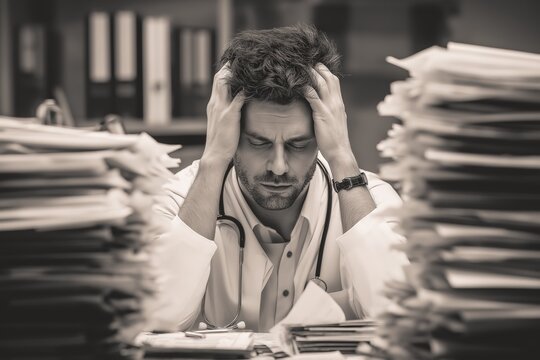 A stressed doctor overwhelmed by piles of paperwork, holding his head in frustration in a cluttered office setting.