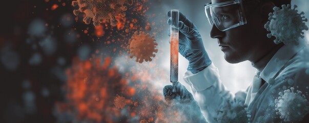 A scientist in protective gear examines a test tube amidst floating virus particles, symbolizing research and study of infectious diseases.