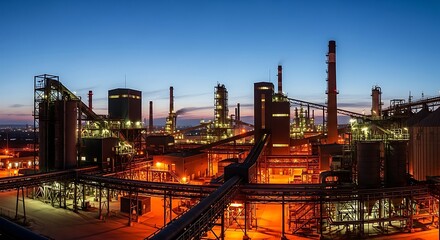 Naklejka premium Illuminated Industrial Complex at Twilight Revealing the Heart of Manufacturing Activity