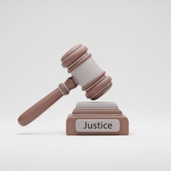 3 D render of a brown and white gavel on a block with the word Justice legal court
