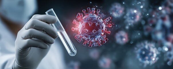 A gloved hand holds a test tube near a digital rendering of a virus, symbolizing scientific research on infectious diseases and virus detection.
