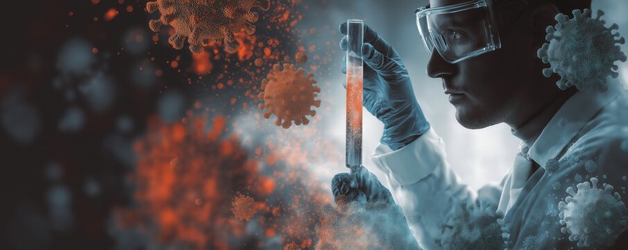 A scientist in protective gear examines a test tube amidst floating virus particles, symbolizing research and study of infectious diseases.