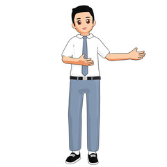 3D student boy character explaining with one hand gesturing and the other on his chest. Perfect for school presentations, educational posters, or learning materials.

