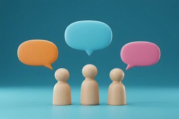 collaborative discussions. 3D render of three wooden figures standing in front of a blue wall, Three wooden figures stand beneath vibrant speech bubbles a blue backdrop, communication, ideas