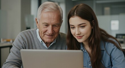 Intergenerational learning with a laptop: A senior man and a young woman smile while using a computer in a modern setting.