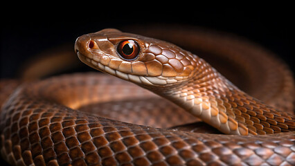 Naklejka premium Close-Up of Brown Snake with Amber Eyes on Dark Background