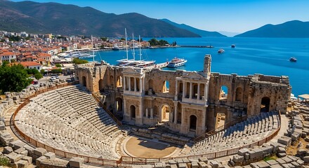 Fototapeta premium Ancient theater overlooking the beautiful coastal town of Kas in Antalya Turkey